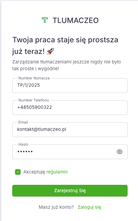 Formularz rejestracji tłumacza przysięgłego w systemie Tlumaczeo.pl