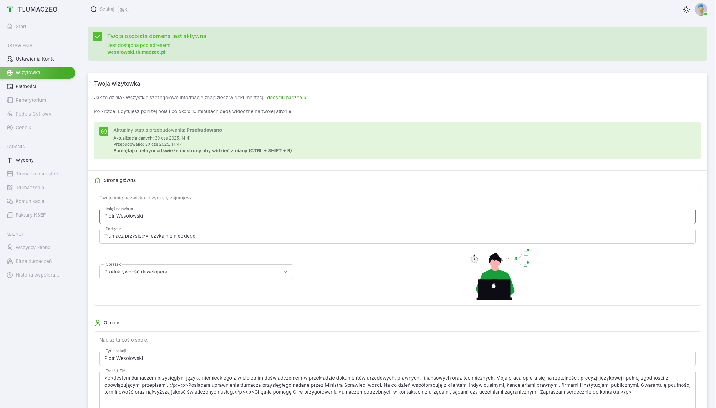 Panel zarządzania stroną wizytówką tłumacza