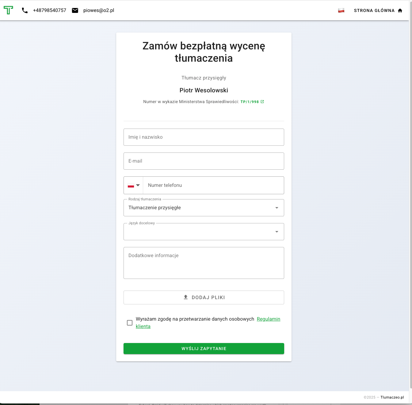Formularz wyceny tłumaczeń dla klientów