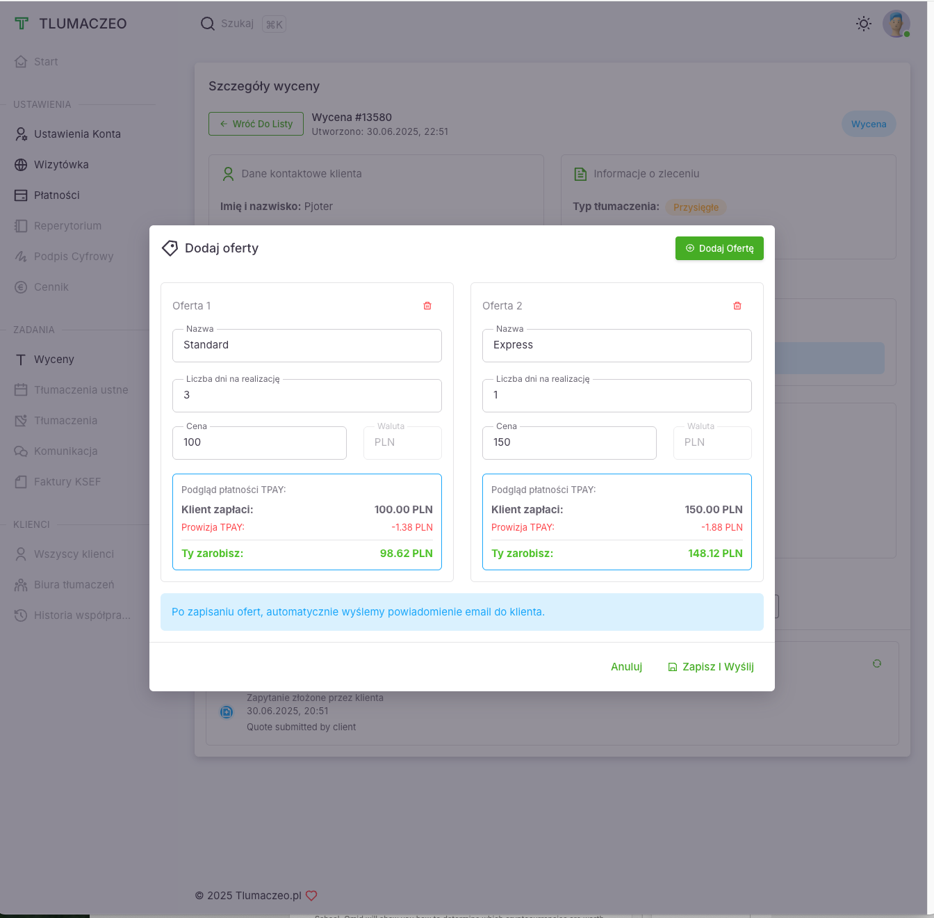 Tworzenie nowej oferty tłumaczenia w panelu